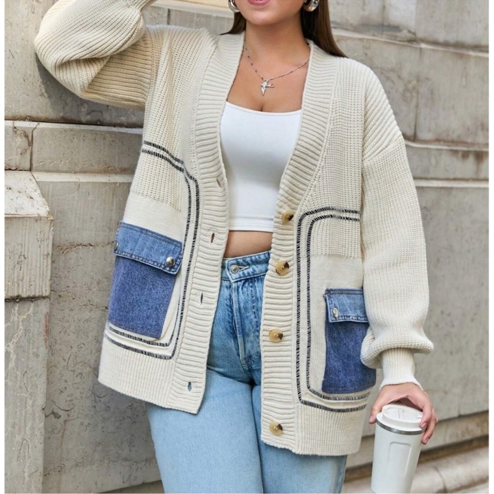 Cozy Denim Pockets Color Block Button Down Cardigan 1X 2X 3X